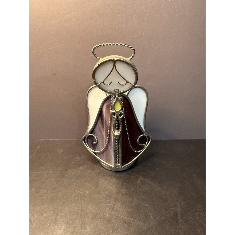 Stained Glass Singing Angel w/halo Holding candle Candle Holder Purple White